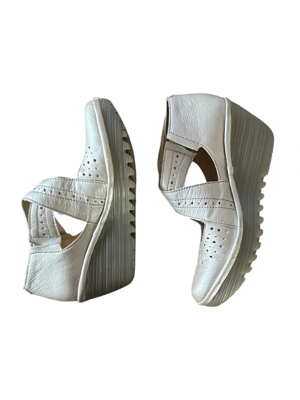 FLY London Yepe Metallic Champagne Wedge Crisscross Mary Jane Shoes Size EU 38